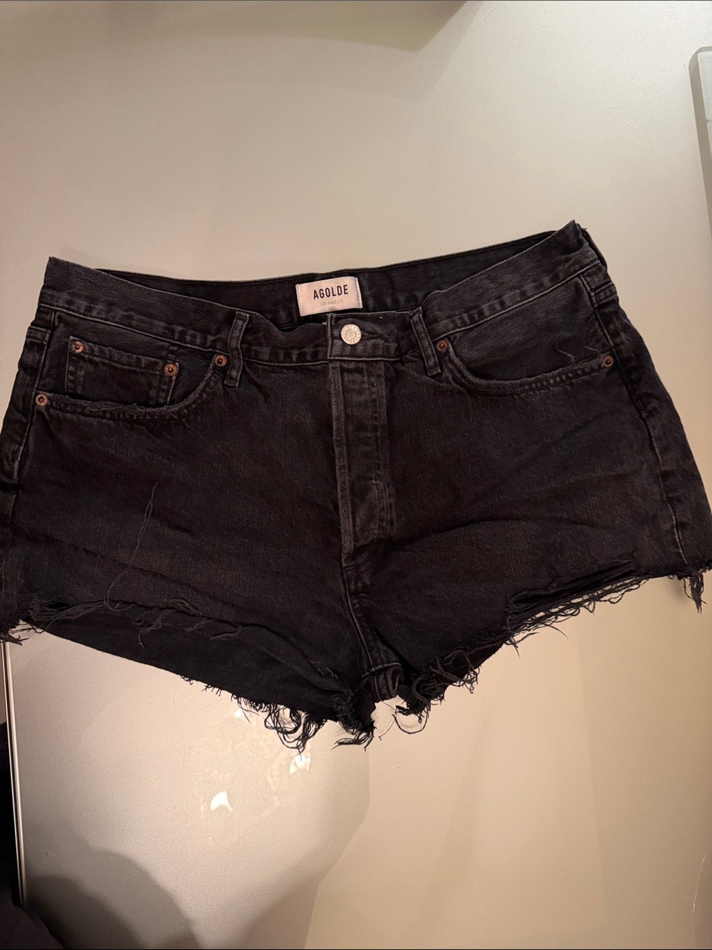 Agolde Black Frayed Hem High-Rise Denim Shorts